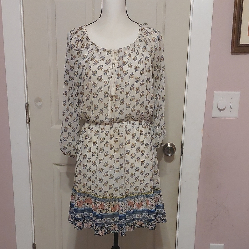 AUW Boho Floral Print Chiffon Tie Front Long Sleeve Blouson Dress Size M